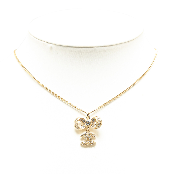 CHANEL Gold Plated CC Crystal Ribbon Bow Pendant Necklace Costume Necklace - Picture 4 of 5